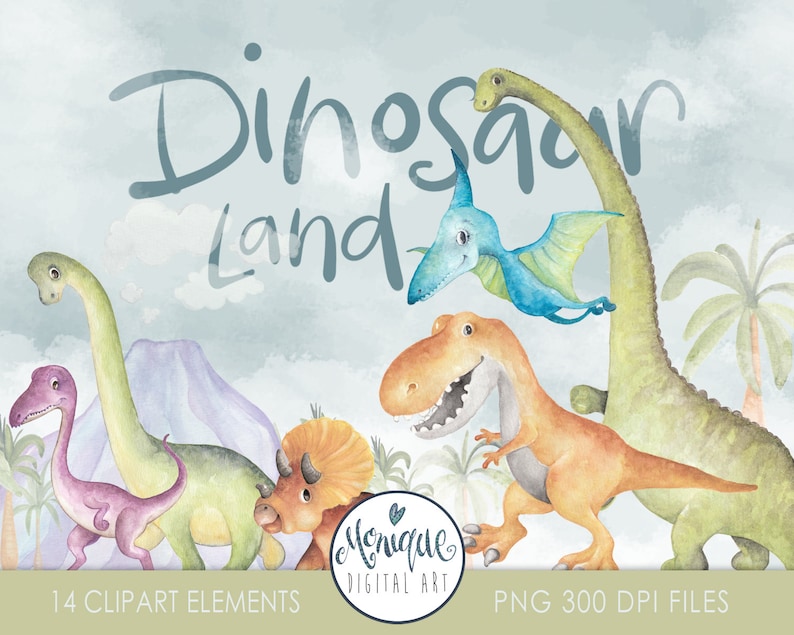 Może przedstawiać: Zestaw 14 ilustracji dinozaur&oacute;w w akwareli. Ilustracje obejmują zielonego dinozaura o długiej szyi, fioletowego dinozaura, brązowego dinozaura z ostrymi zębami, niebieskiego dinozaura ze skrzydłami, ż&oacute;łtego dinozaura z trzema rogami i zielonego dinozaura o długiej szyi. Ilustracje znajdują się na jasnoniebieskim tle z chmurami i palmami.