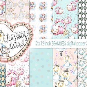 Papier numérique Tea Party,pays des merveilles,aquarelle, papier à motifs,autocollants de planificateur,arrière-plan, ressources graphiques,Planner girl,Planner paper