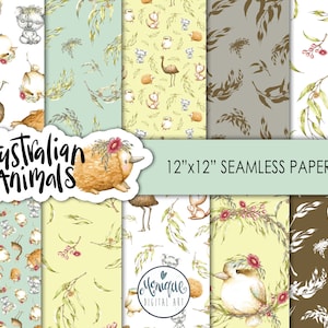 Australische Tiere Digitales Papier, Känguru, Koala, Emu, Kookaburra, Australische Blätter, Kinderzimmer Tiere, Aquarell, Baby Clipart, Planer