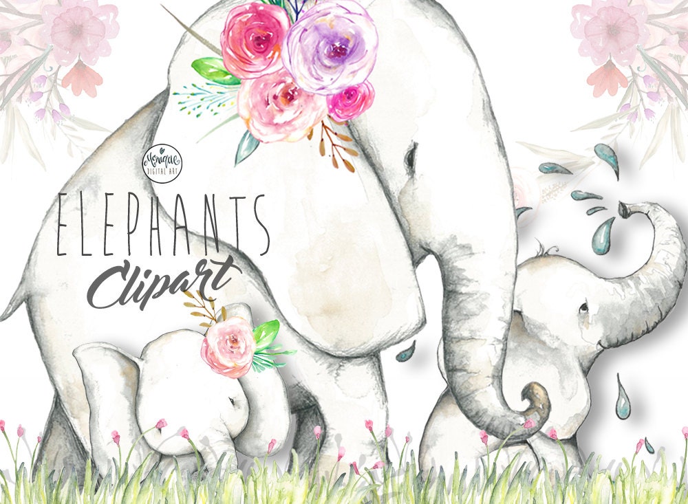 Elephant Clipart, Elephant Watercolor, Jungle Animals, Painted, Floral ...