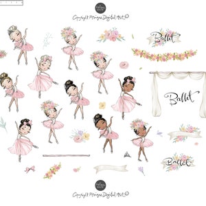 May include: A set of digital illustrations featuring ballerinas in pink tutus with floral accents. The illustrations include a variety of poses and expressions, as well as floral garlands and the word "Ballet" written in cursive.