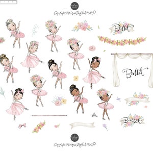 Ballerina Clipart, Ballet Clipart, Girl Birthday Clipart, Ballerina Planner Stickers, Digital Ballet Fabric, Ballet Stage, flower Wreath image 2