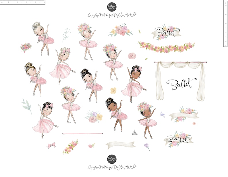May include: A set of digital illustrations featuring ballerinas in pink tutus with floral accents. The illustrations include a variety of poses and expressions, as well as floral garlands and the word "Ballet" written in cursive.
