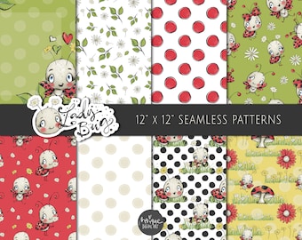 Ladybug digital paper, ladybird seamless pattern, ladybug patterns, planner animals, flowers, bugs pattern, cute bugs, monique digital