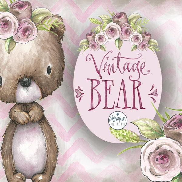 Vintage bear clipart combo pack, Woodland watercolor clipart, Nursery, Pattern, planner stickers, planner girl, watercolor, hand painted