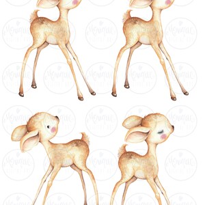 May include: Four watercolor illustrations of a fawn in different poses. The fawn is brown with large ears and a white spot on its nose. The fawn is standing on all fours with its head turned to the side.