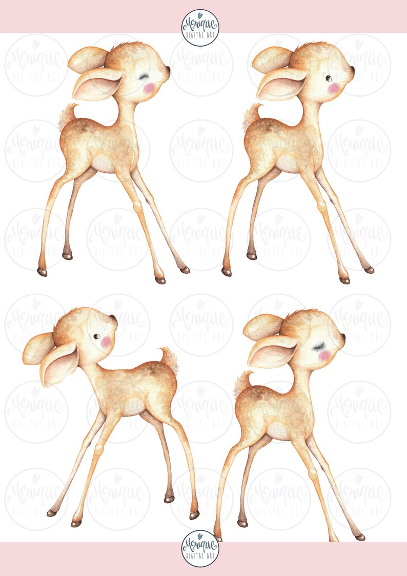 May include: Four watercolor illustrations of a fawn in different poses. The fawn is brown with large ears and a white spot on its nose. The fawn is standing on all fours with its head turned to the side.