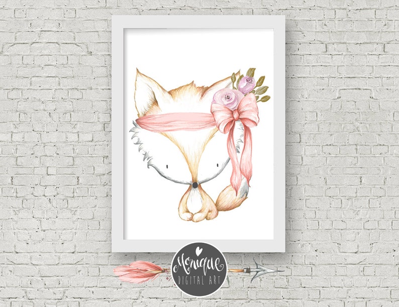 Watercolor Printable art Pink Teepee Art Print Fox Set of 3 Girls Nursery Art Teepee arrows flowers printable art hand painted