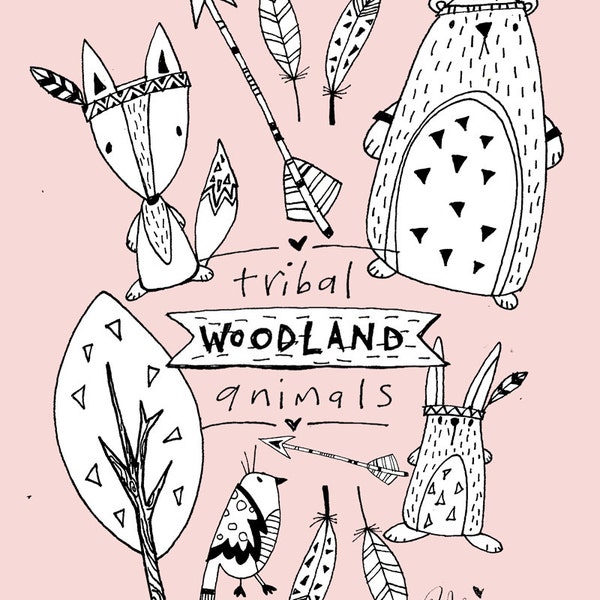 clipart tribal woodland animals black and white, bear, fox, rabbit, bird, planner stickers, planner girl