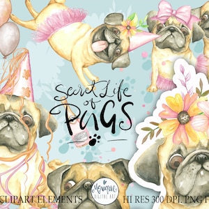Mops Clipart, Aquarell Mops, Mops Kunst, niedliche Mops, Mops Party Kunst, handgemalte Mops, floral, Mops Planer, Planer Sticker, whimsical, Mops