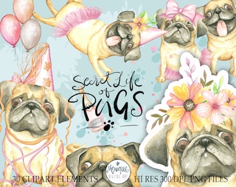 Pug Clipart, Watercolor Pugs, Pug art, cute pugs, Pugs party art, hand painted pugs, floral, Pug planner, planner stickers, whimsical, pugs