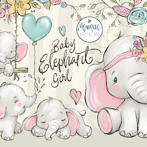 Elefante, clipart de bebê elefante, arte de menina, elefante fofo, elefante boho, clipart de bebê, elefante rosa, chá de bebê, menina, bebê rosa