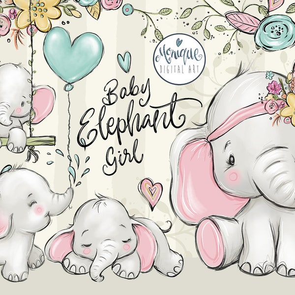 Elephant, baby elephant clipart, baby girl art, cute elephant, boho elephant, baby clipart, pink elephant, baby shower, baby girl, pink baby