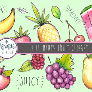 Clipart di frutta, frutta acquerello, insegnante di scuola clipart, mela, pera, banana, uva, fragola, anguria, adesivi planner, planner girl