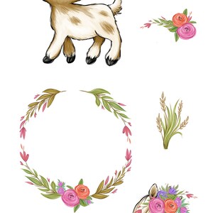 May include: A digital illustration set featuring a brown and white goat, a yellow duckling, a brown and white horse, and floral wreaths. All animals are wearing floral crowns.