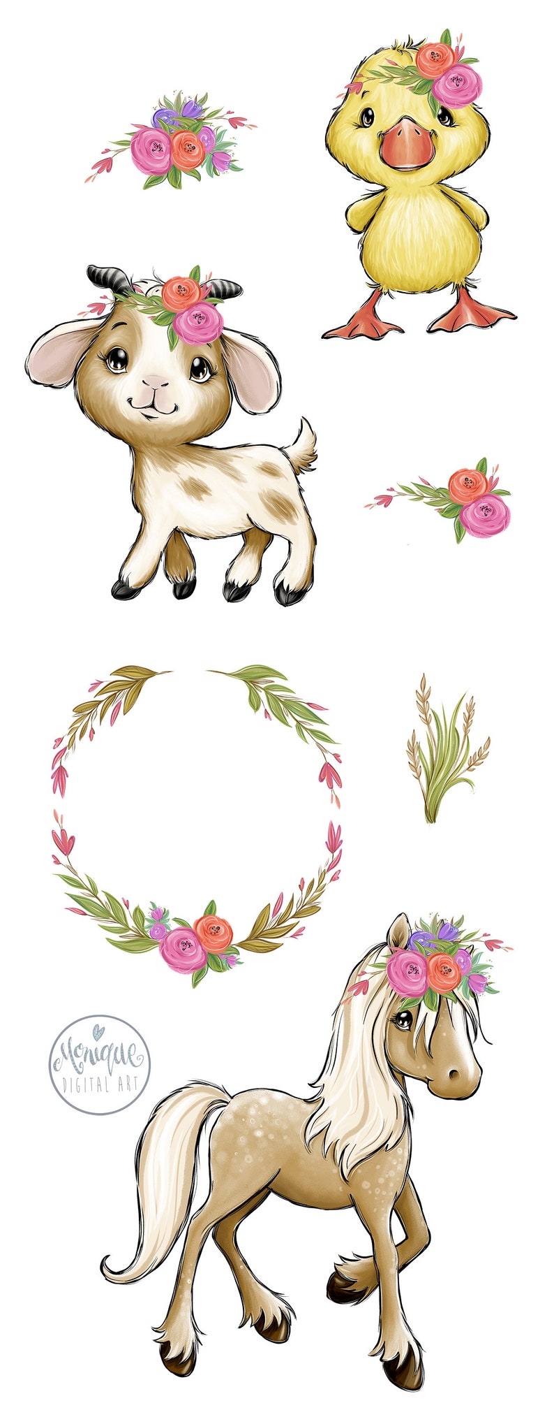 May include: A digital illustration set featuring a brown and white goat, a yellow duckling, a brown and white horse, and floral wreaths. All animals are wearing floral crowns.