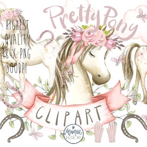 Boho Pony Clipart, Pony Clipart, Pony Watercolor, Horse Clipart, Clipart, Nursery Clipart, Zaproszenie na urodziny, Planner Clipart, Pony Illustration