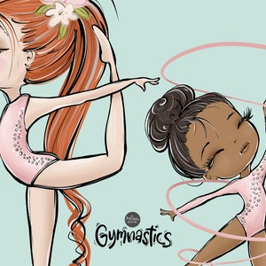 Gymnastics Clipart, Gym Clipart, Gymnast, balance beam, rhythmic gymnastics, ball, ribbon, African American, red hair, brunette, blonde image 3