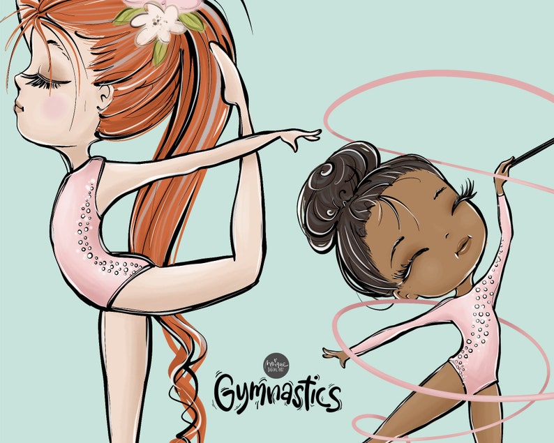Gymnastics Clipart, Gym Clipart, Gymnast, balance beam, rhythmic gymnastics, ball, ribbon, African American, red hair, brunette, blonde image 3
