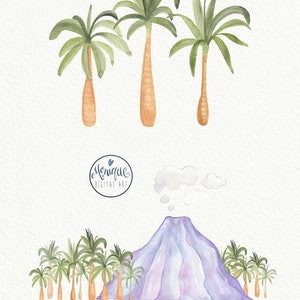 Może przedstawiać: Aquarela przedstawiająca tropikalną scenę z palmami i fioletowym wulkanem. Ilustracja utrzymana jest w lekkim, fantazyjnym stylu i przedstawia r&oacute;żne palmy w r&oacute;żnych rozmiarach i układach. Wulkan jest dominującym elementem sceny i jest przedstawiony z chmurą dymu unoszącą się z jego szczytu.