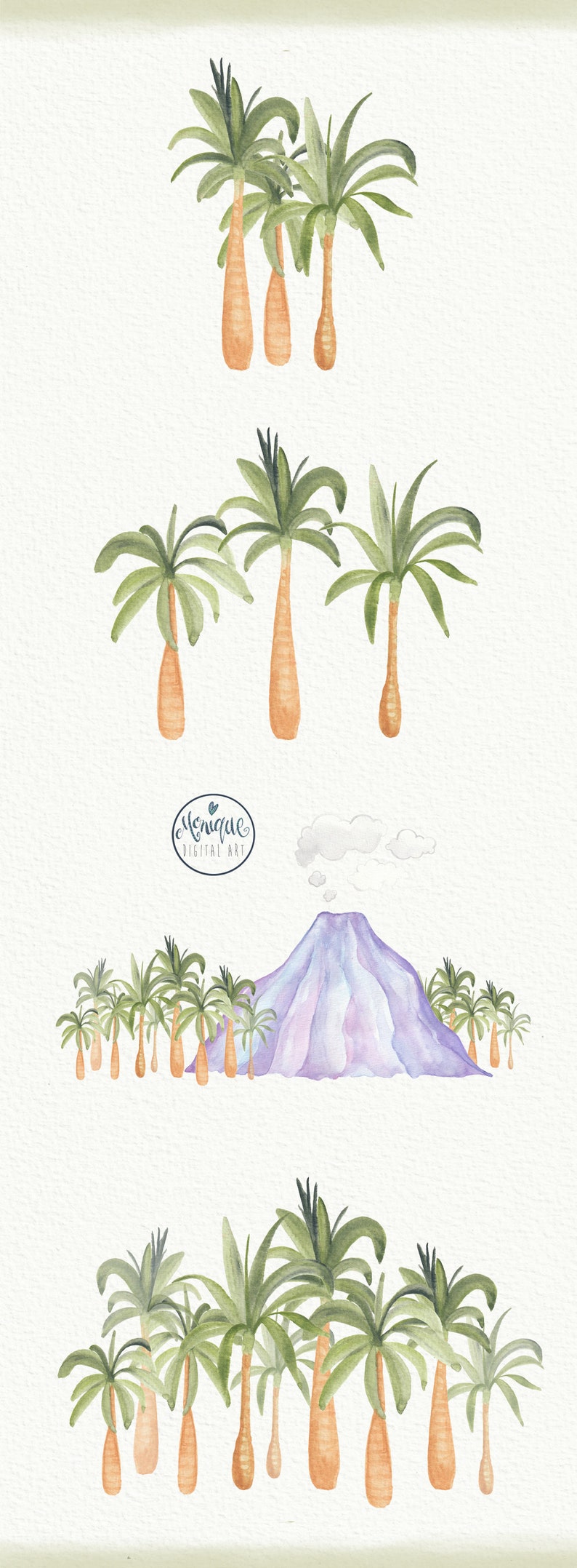 Może przedstawiać: Aquarela przedstawiająca tropikalną scenę z palmami i fioletowym wulkanem. Ilustracja utrzymana jest w lekkim, fantazyjnym stylu i przedstawia r&oacute;żne palmy w r&oacute;żnych rozmiarach i układach. Wulkan jest dominującym elementem sceny i jest przedstawiony z chmurą dymu unoszącą się z jego szczytu.