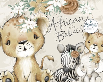 African Animals Clipart, Lion, Elephant, zebra, Baby Animals art, Nursery animals, Baby shower, whimsical, Africa baby Animals, cute animals