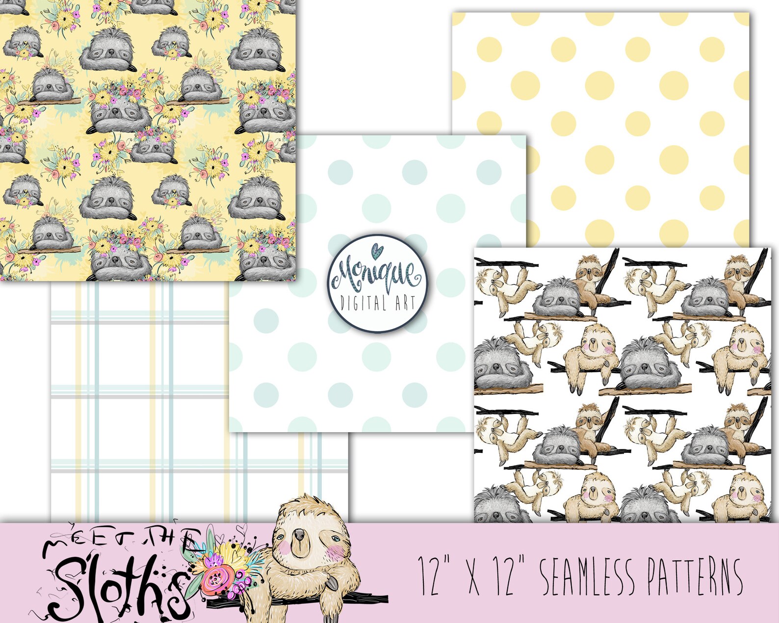 Sloth Digital Paper Sloth Digital Paper, Cute Sloth Paper, Sloth Fabric, Seamless Pattern ...