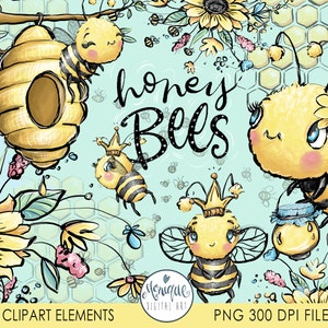 Abejas clipart acuarela, lindas abejas clipart, abejas melíferas clipart, girasoles, flores de primavera brillantes, colmena de abejas, acuarela abejas, miel clipart