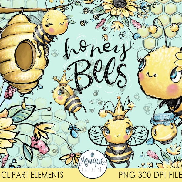 Bees clipart watercolor, Cute bees clipart, honey bees clipart, sunflowers, spring flowers bright, bee hive, watercolor bees, honey clipart