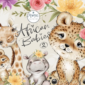 African Animals Clipart, Giraffe, Hippo, Leopard, Baby Animals art, Nursery animals, Baby shower, whimsical, African baby Animals, kids art image 1