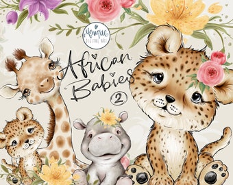 African Animals Clipart, Giraffe, Hippo, Leopard, Baby Animals art, Nursery animals, Baby shower, whimsical, African baby Animals, kids art