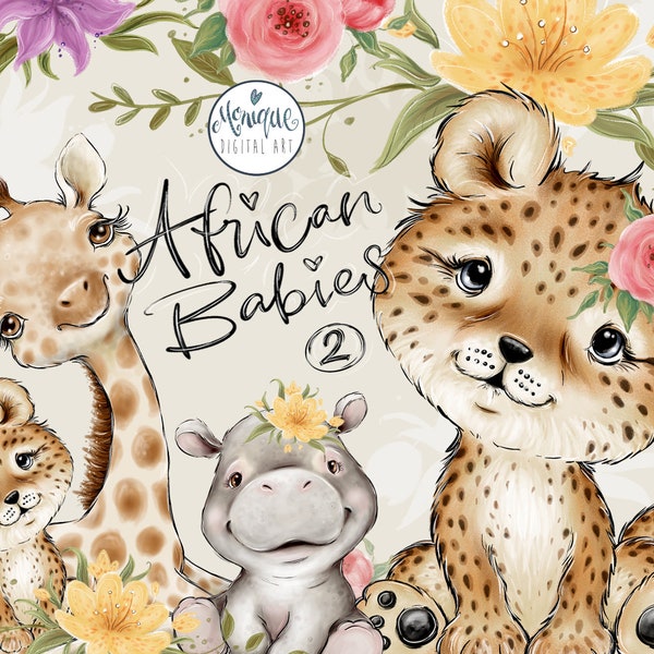 African Animals Clipart, Giraffe, Hippo, Leopard, Baby Animals art, Nursery animals, Baby shower, whimsical, African baby Animals, kids art