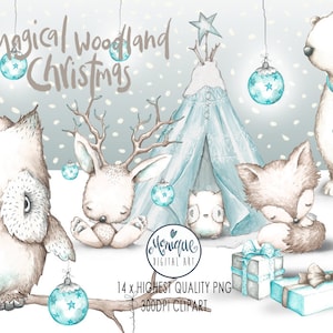 Clipart d’animaux de Noël des bois, ours blanc, renard blanc, hibou blanc, forêt de Noël, lapin, clipart planificateur, aquarelle, peint à la main, pépinière