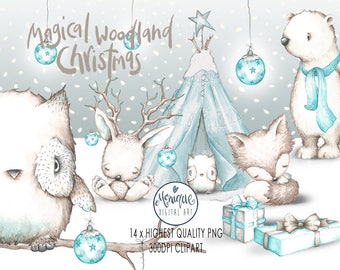Woodland Christmas Animals clipart,White Bear,White fox,white owl,Christmas Woodland,bunny,planner clipart,watercolor,hand painted,Nursery