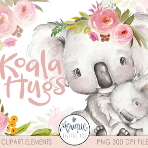 Koala Clipart Aquarell, Mama Baby Koala, Koala Kunst, Australische Tiere, Australische Tierwelt, Blumenkrone, Kinderzimmer Kunst, BabyMama, Blumen