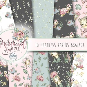 Mermaid Paper Glitter, Modello senza cuciture, Carta senza cuciture, Mamma e bambino, Clipart della scuola materna, Scrapbook della sirena, Invito della sirena, Pianificatore della sirena