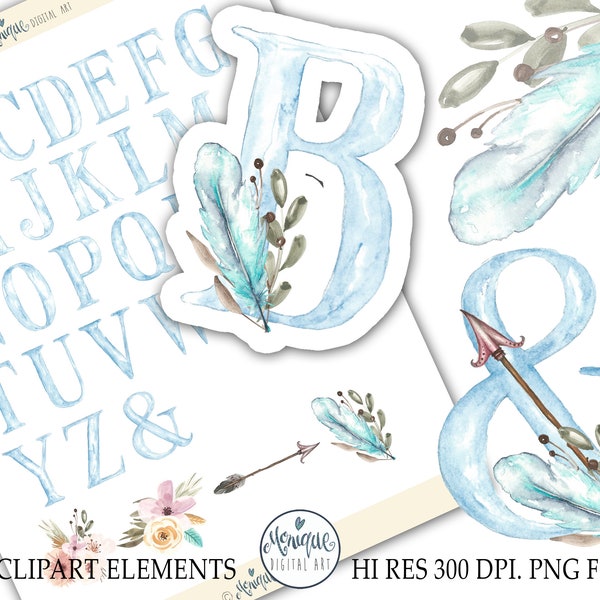 Aquarelle Alphabet, Lettres peintes à la main, Alphabet peint à la main, Clipart de police Aquarelle, Clipart Alphabet, BLEU, Lettres aquarelle