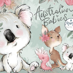 Australische Tiere Clipart, Koala, Känguru, Galah, Kinderzimmer Tiere, Babyparty, Skurril, Aussie Tiere Planer Clipart, Print on Demand