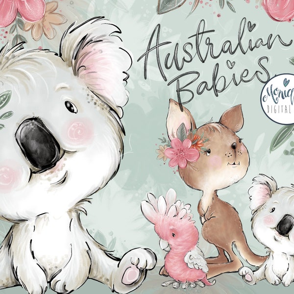 Australian Animals Clipart, Koala, Kangaroo, Galah, Nursery animals, Baby shower, whimsical, Aussie Animals Planner Clipart, Print on Demand