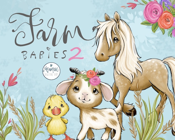 Farm Animals Clipart, Horse, Goat, Duck, Baby Farm Animals, flowers, Nursery animals, Baby shower, Baby Animals, Hand drawn, Monique Digital