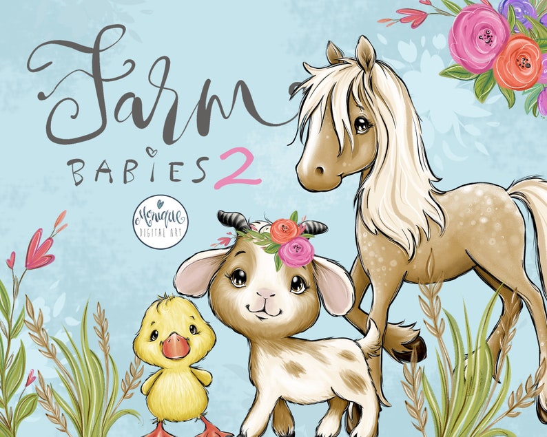 May include: A digital illustration of a cute baby goat, a baby duck, and a baby horse. The animals are all standing on a grassy field with flowers. The text "Farm Babies 2" is written in cursive at the top of the image.