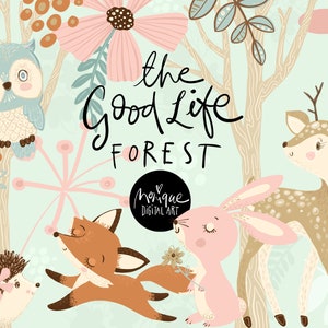 clipart boisé, dessiné à la main, renard, hibou, lapin, cerf, hérisson, arbres, fleurs, art populaire moderne, fantaisiste, art simple, monique art numérique
