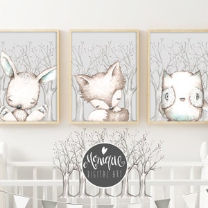 Woodland Nursery Art, Boy Nursery Art, Watercolor, Printable art, Fox, Owl, Bunny, hand painted, Baby boy gift, Gray Woodland Prints,Instant