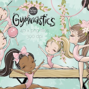 Gymnastics Clipart, Gymnastic Clipart, Gymnast, Schwebebalken, rhythmische Gymnastik, Ball, Band, Afroamerikaner, rote Haare, brünett, blond