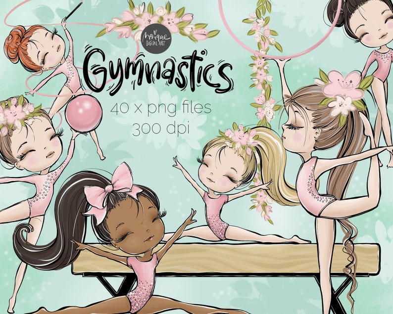 Gymnastics Clipart, Gym Clipart, Gymnast, balance beam, rhythmic gymnastics, ball, ribbon, African American, red hair, brunette, blonde image 1