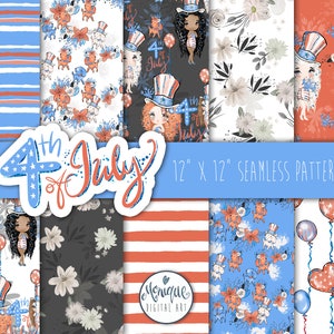4 de julio Papel digital, Patrón sin costuras, Arte de diseño de tela, Papel digital, Tela del día de la independencia, rojo blanco azul, barras y estrellas