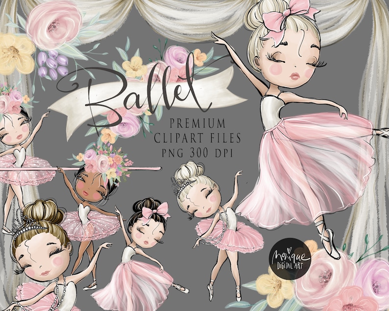 May include: A set of five digital illustrations of ballerinas in pink tutus with flowers and the text "Ballet" and "Premium Clipart Files PNG 300 DPI".
