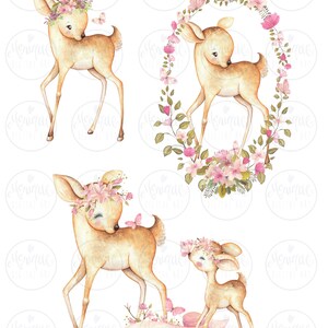 May include: Four watercolor illustrations of a fawn with a floral crown. The fawn is brown with white spots and has large, brown eyes. The floral crown is pink and white. The fawn is standing on a white background.