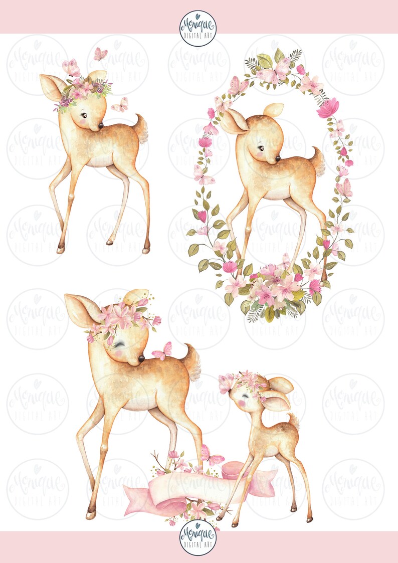 May include: Four watercolor illustrations of a fawn with a floral crown. The fawn is brown with white spots and has large, brown eyes. The floral crown is pink and white. The fawn is standing on a white background.