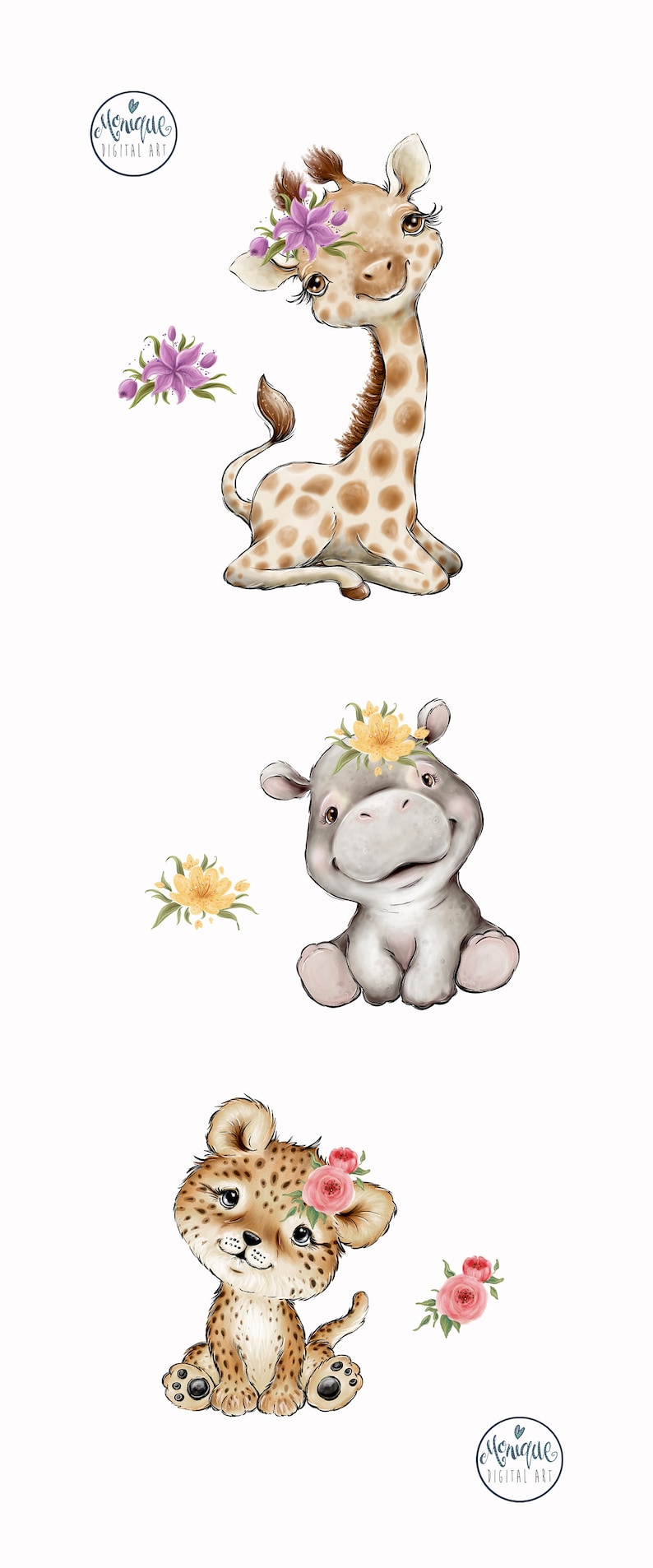 African Animals Clipart, Giraffe, Hippo, Leopard, Baby Animals art, Nursery animals, Baby shower, whimsical, African baby Animals, kids art image 3